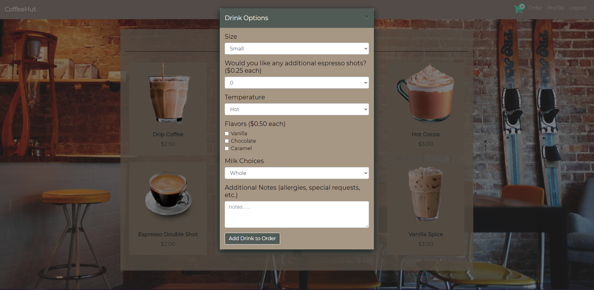 customize your drink pop-up