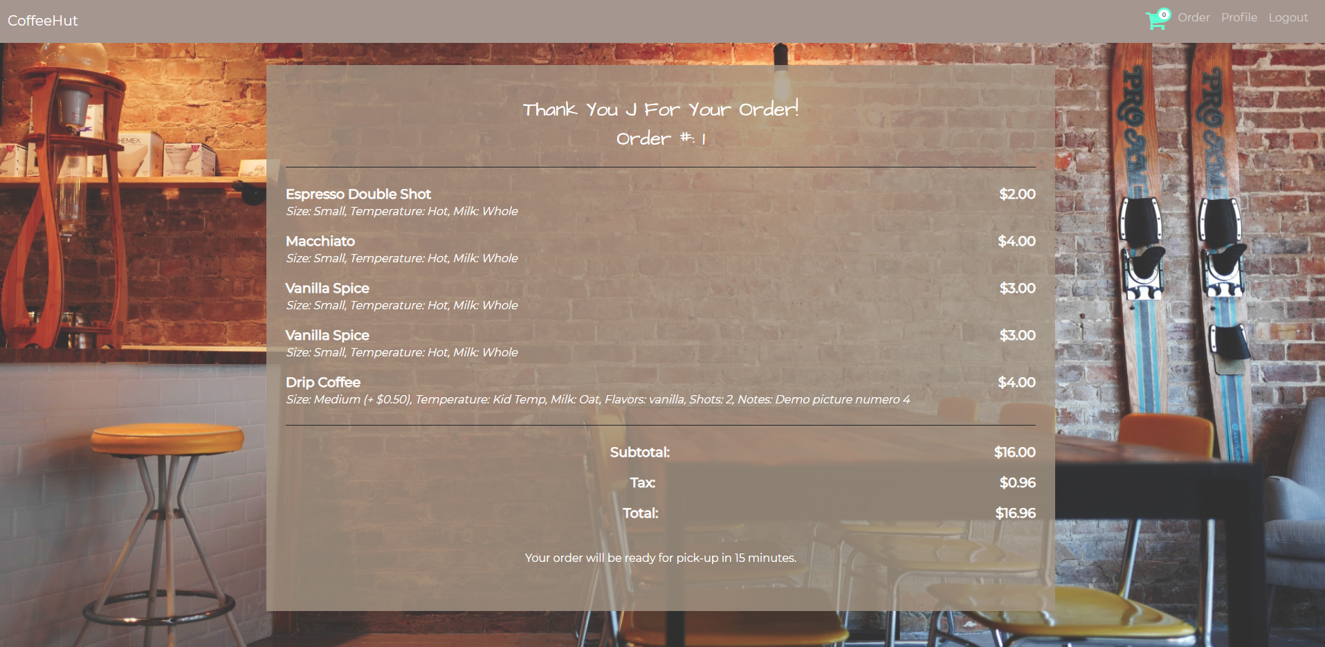 your order confirmation page/receipt