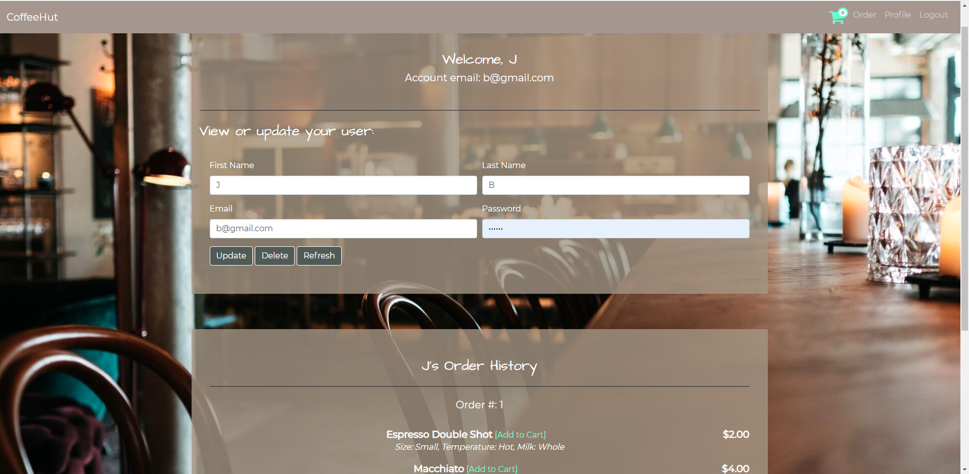 your profile stores your orders and personal info
